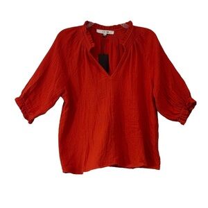 Joe’s Jeans Textured Cotton Blouse Ruffle Trim Orange Valiant Poppy Size Small